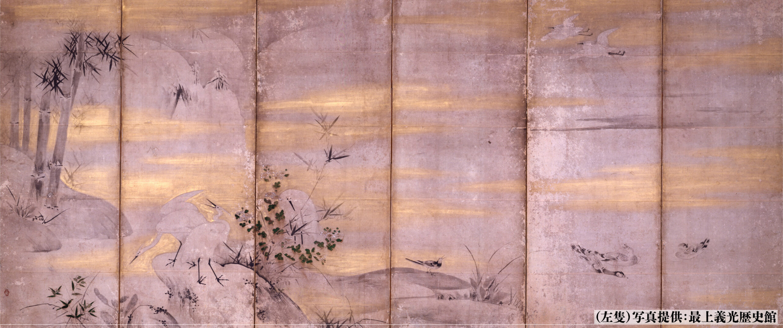 紙本著色四季花鳥図　狩野玄也筆　六曲屏風