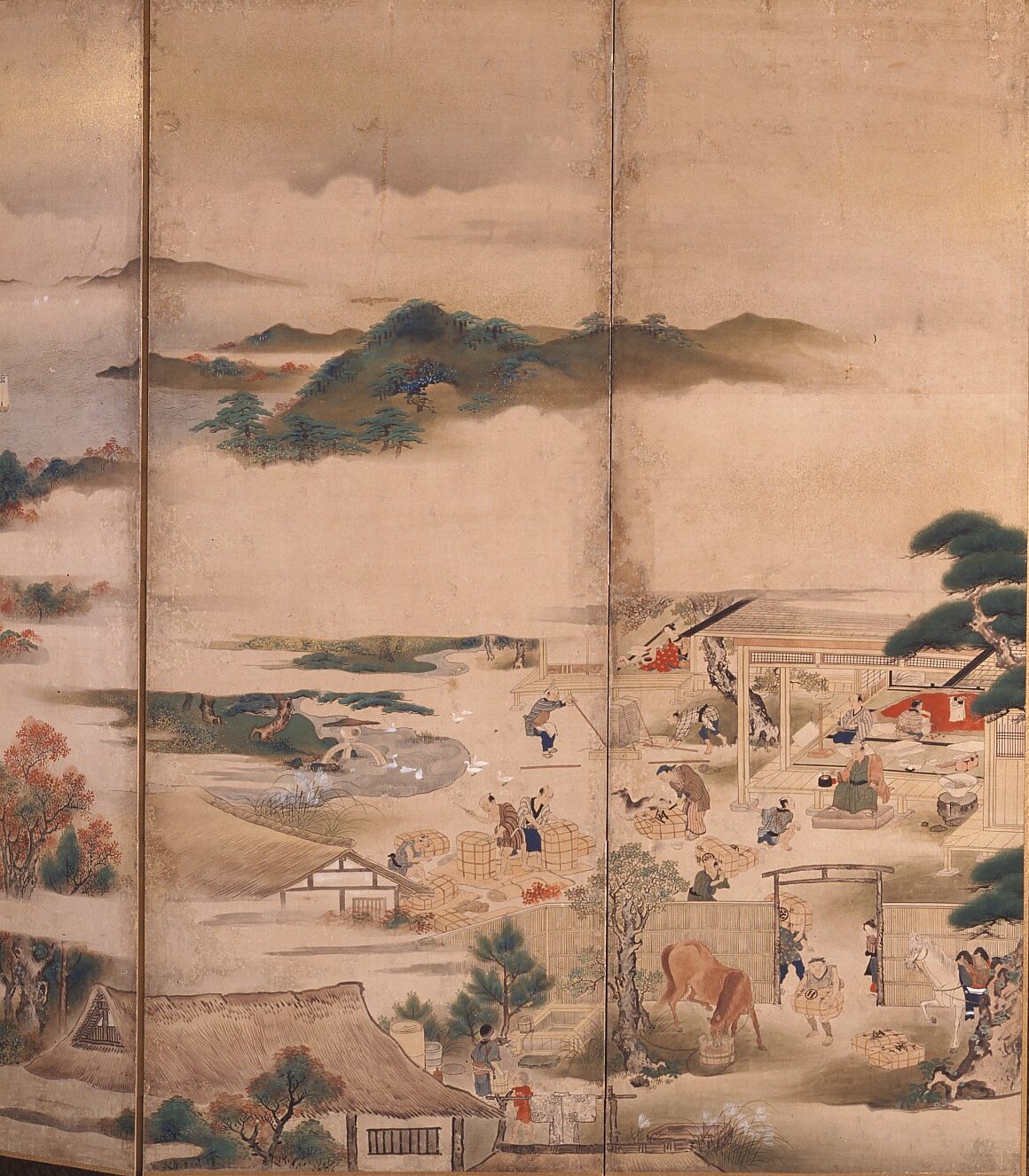 紙本著色紅花図　横山華山筆　六曲屏風