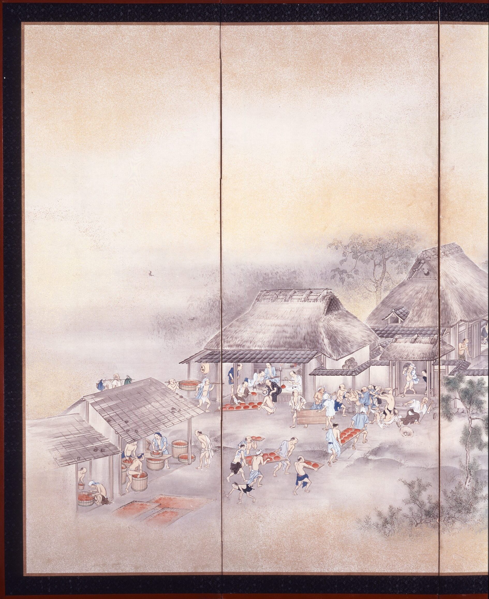 絹本著色細雨図　川合玉堂筆　六曲屏風