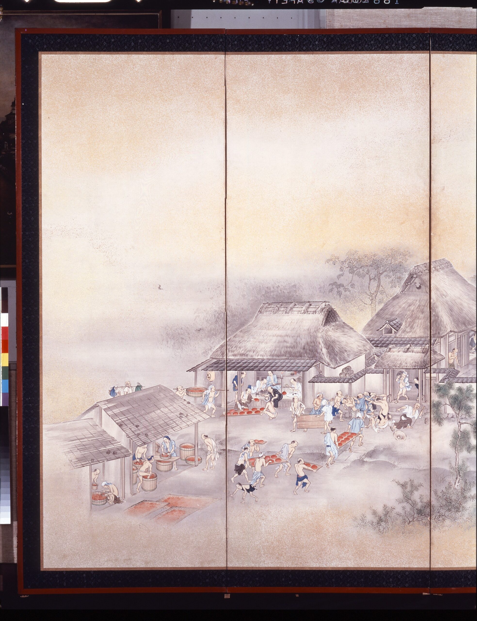 絹本著色細雨図　川合玉堂筆　六曲屏風