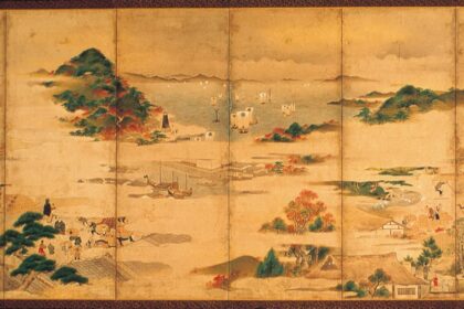 紙本著色紅花屏風　青山永耕筆   六曲屏風