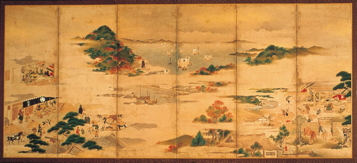 紙本著色紅花屏風　青山永耕筆   六曲屏風