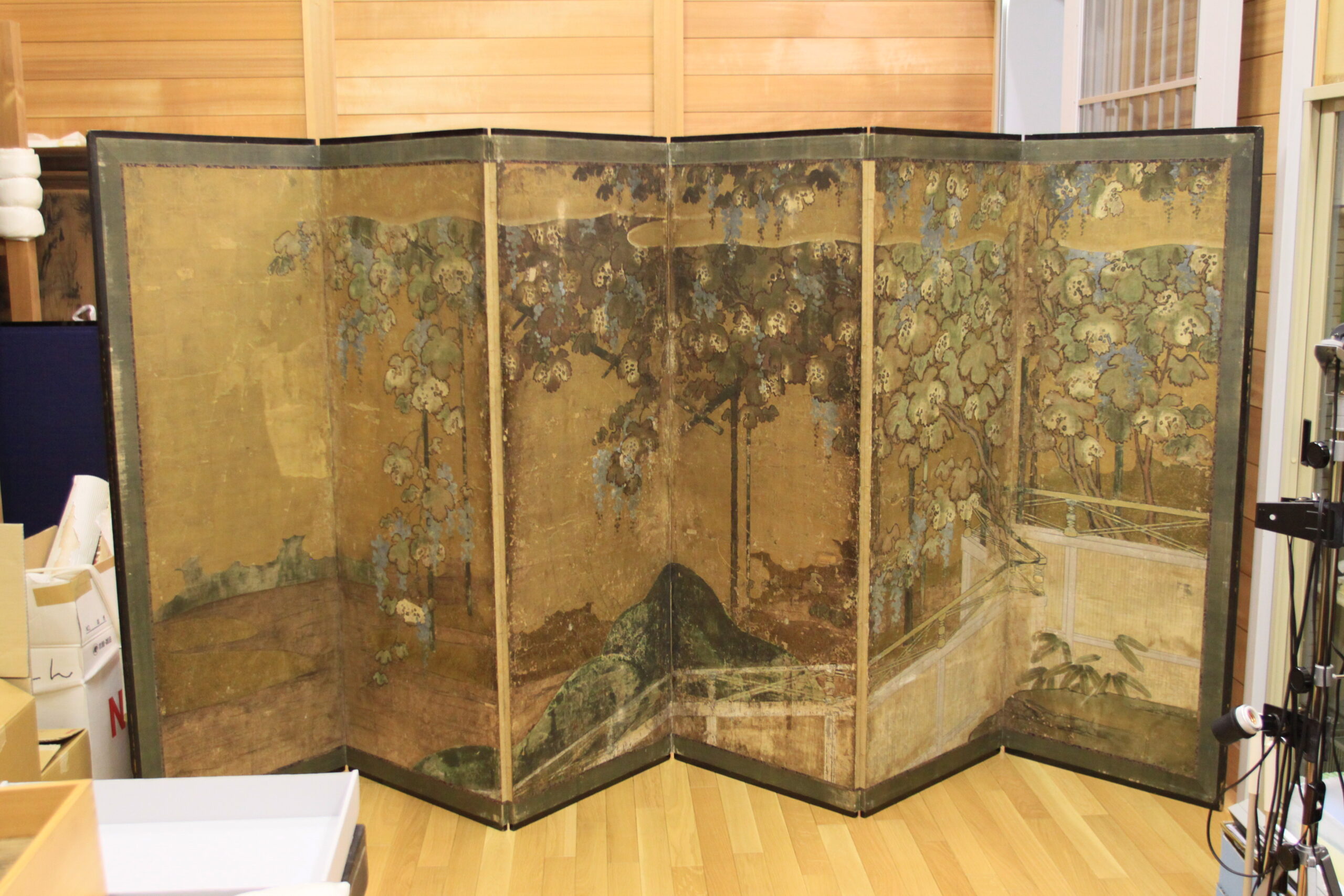紙本金地著色葡萄棚図屏風