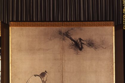 紙本墨画君子対棋図・君子騎馬図　海北友松筆　六曲屏風