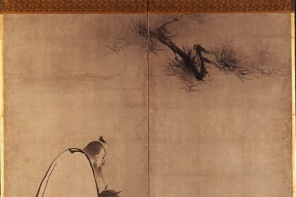 紙本墨画君子対棋図・君子騎馬図　海北友松筆　六曲屏風