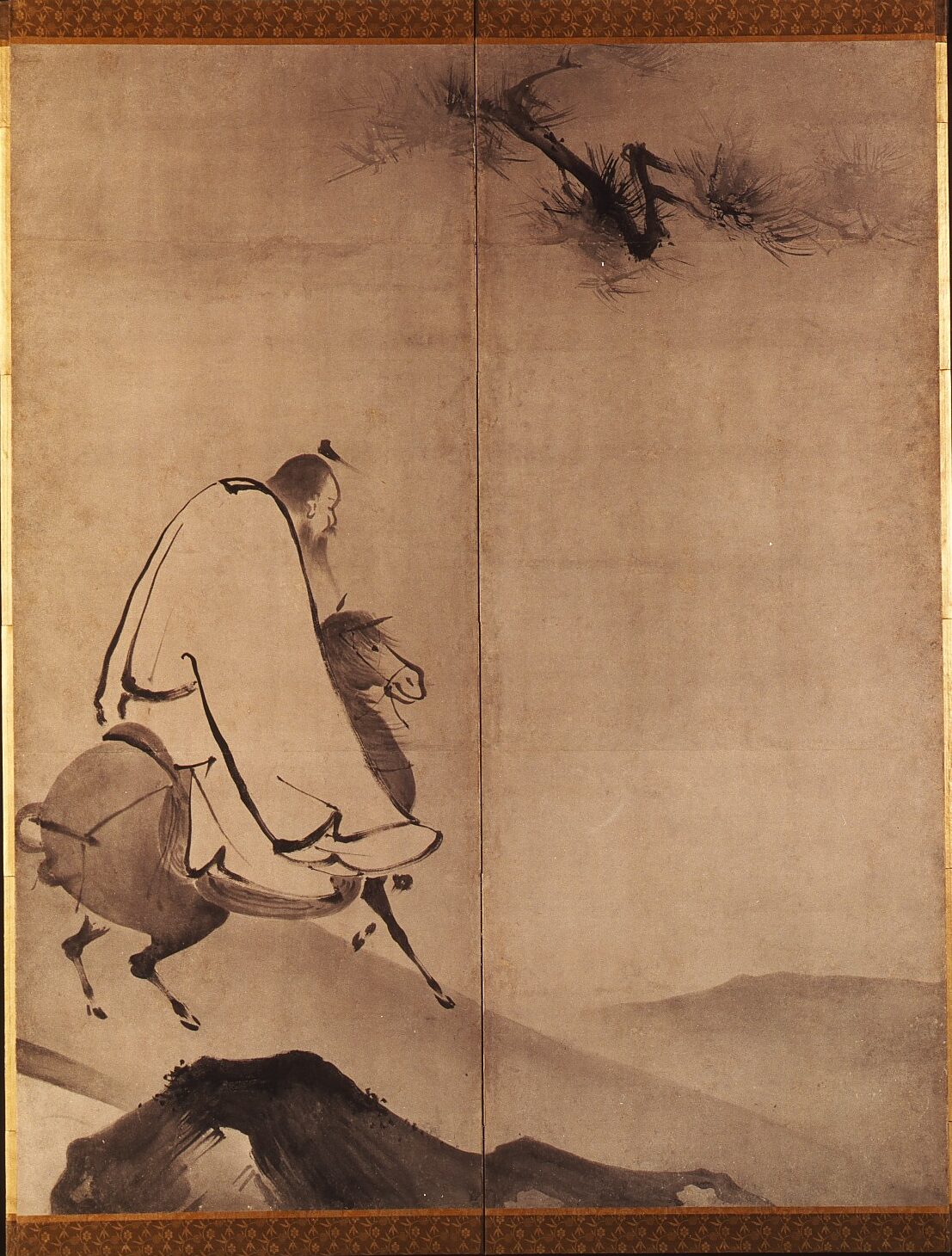 紙本墨画君子対棋図・君子騎馬図　海北友松筆　六曲屏風