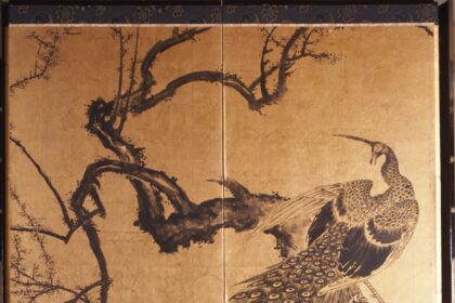 紙本著色松鷲梅孔雀図　熊代熊斐筆　六曲屏風